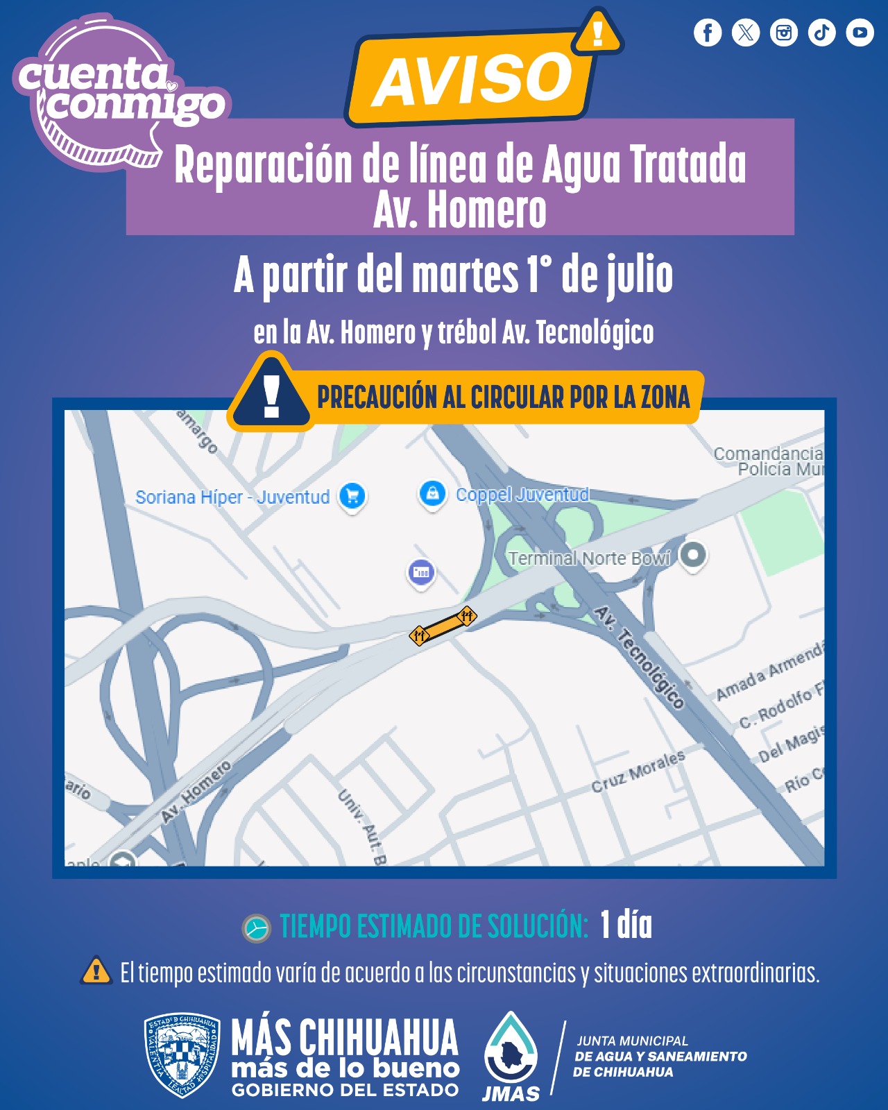Reparará JMAS Chihuahua línea de agua tratada en la avenida Homero