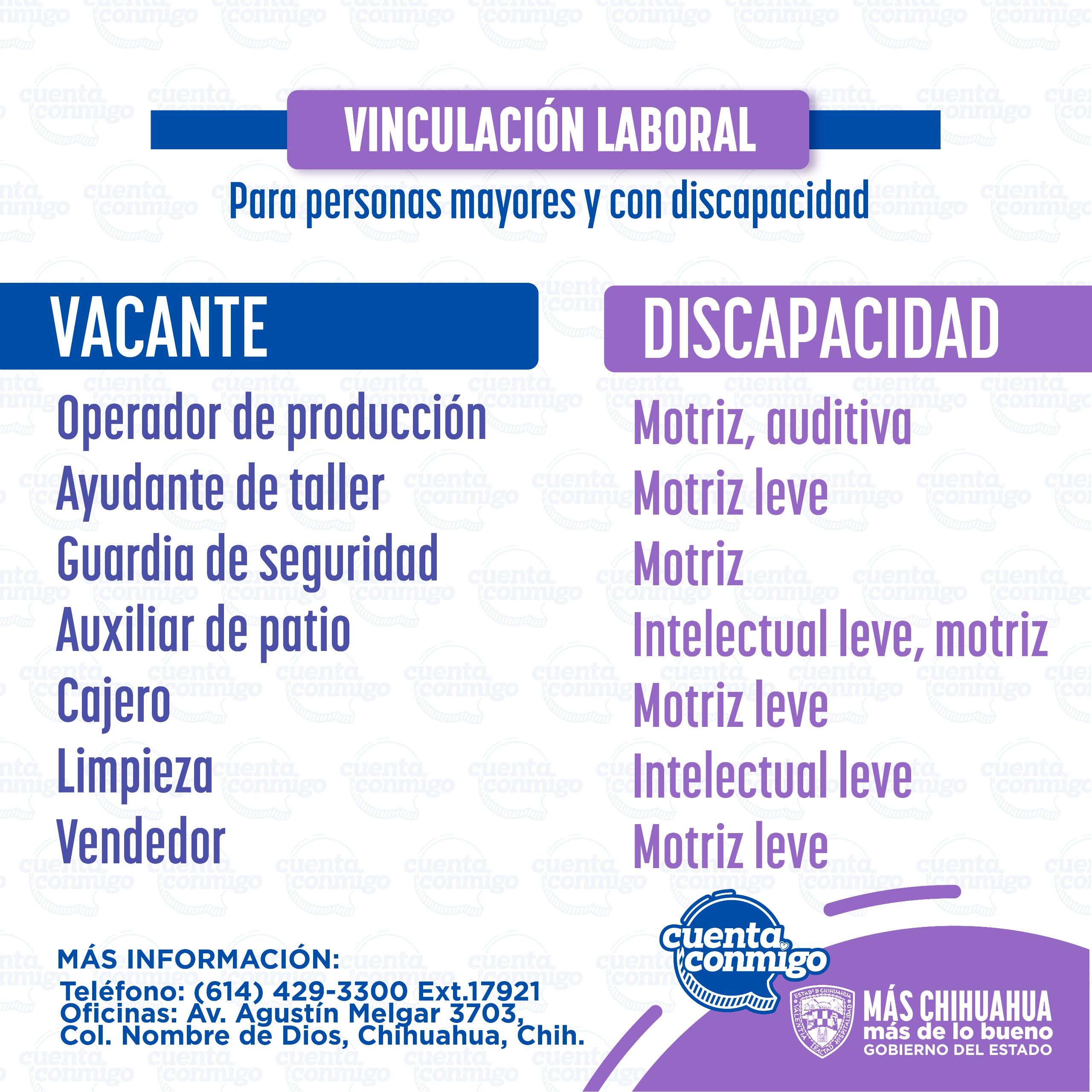 Anuncian nuevas vacantes para personas con discapacidad en la ciudad de Chihuahua