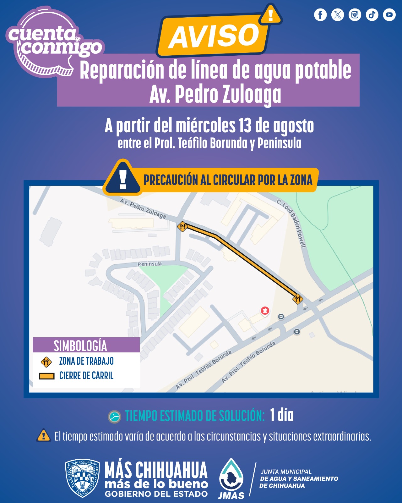 Inicia JMAS Chihuahua reparación de línea general de agua potable en avenida Pedro Zuloaga