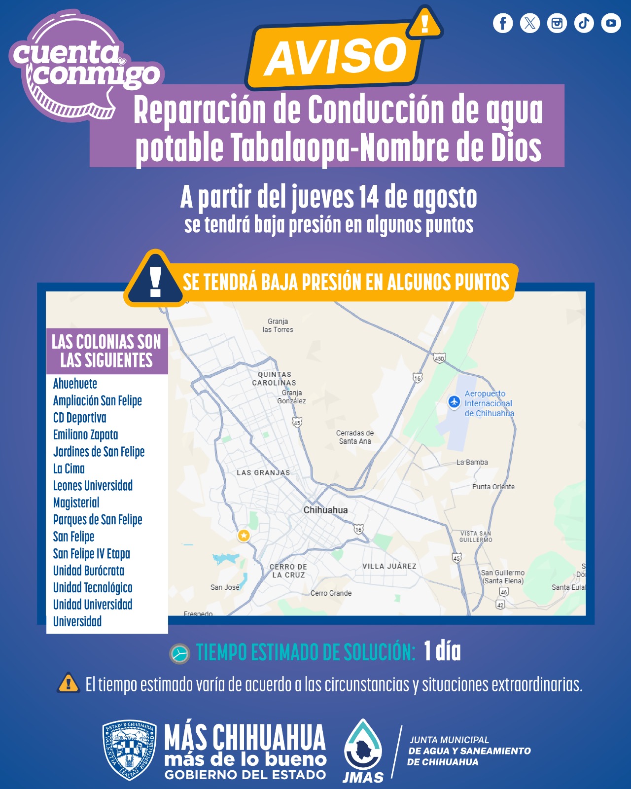 Reparará JMAS Chihuahua fuga en conducto de agua potable Tabalaopa-Nombre de Dios