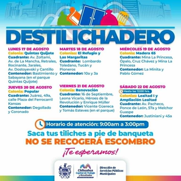 Estará Destilichadero en siete colonias del 17 al 22 de agosto