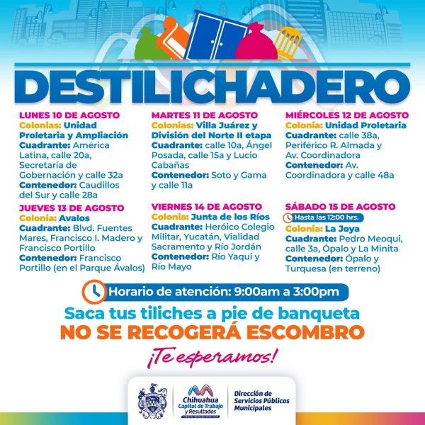 Estará programa Destilichadero en 7 colonias del 10 al 15 de agosto