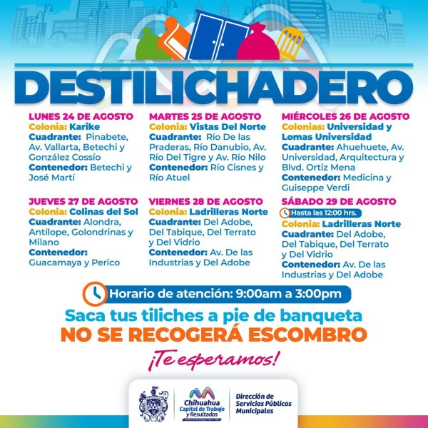 Estará Destilichadero en siete colonias del 24 al 28 de agosto