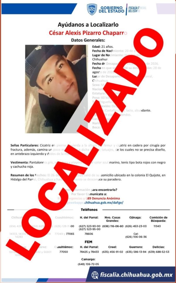 Localiza Fiscalía Zona Sur a joven con reporte de ausencia en Parral