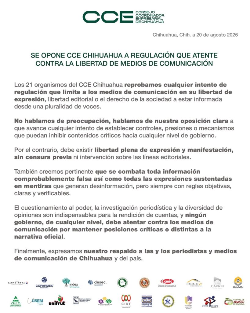 SE OPONE CCE CHIHUAHUA A REGULACIÓN QUE ATENTE CONTRA LA LIBERTAD DE MEDIOS DE COMUNICACIÓN