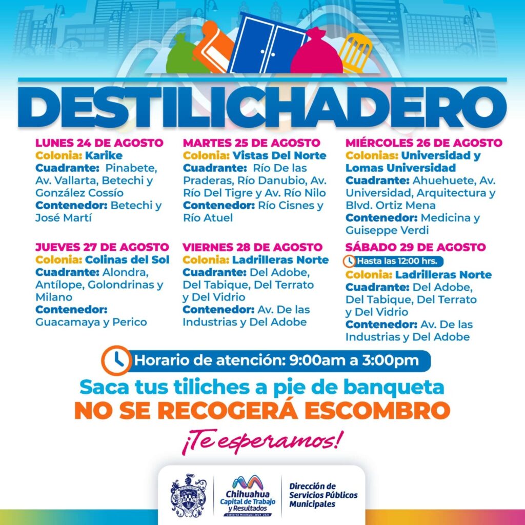 Estará Destilichadero en siete colonias del 24 al 28 de agosto