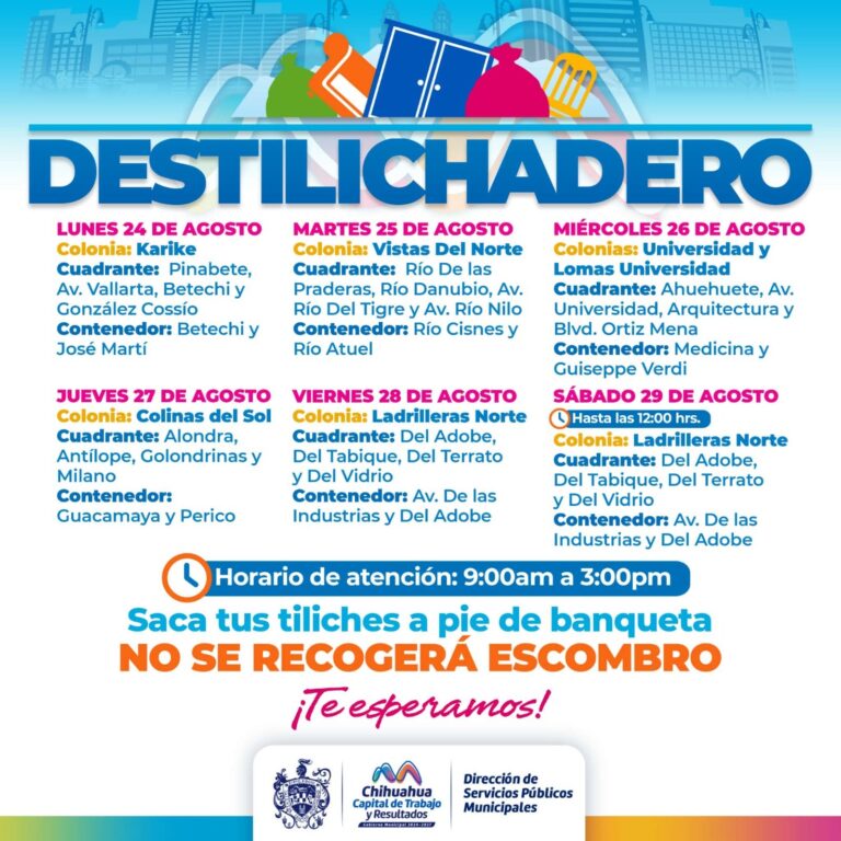 Estará Destilichadero en siete colonias del 24 al 28 de agosto