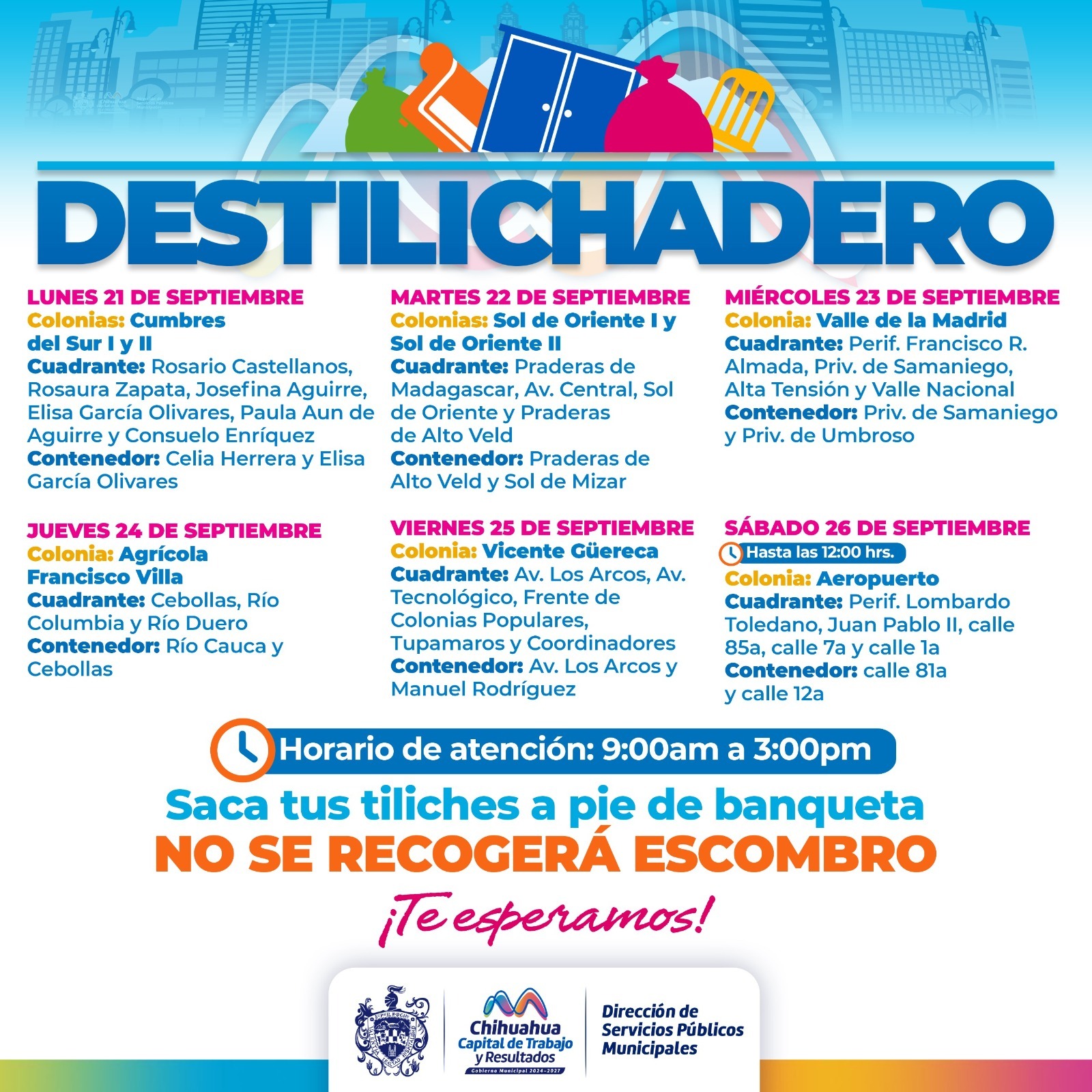 Estará Destilichadero en 8 colonias del 21 al 26 de septiembre