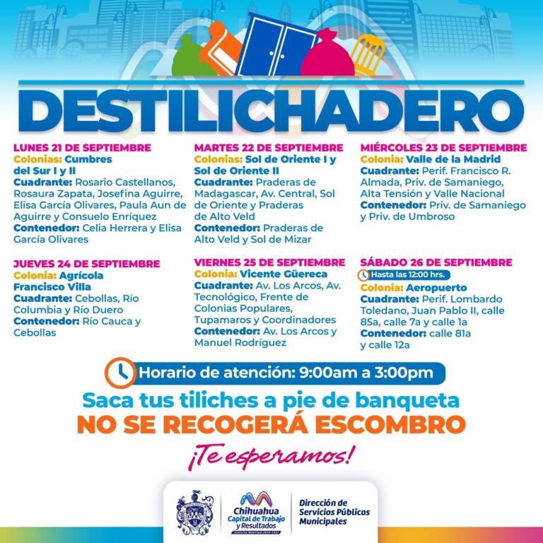 Estará Destilichadero en 8 colonias del 21 al 26 de septiembre